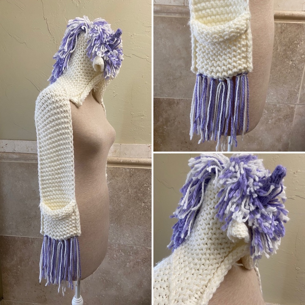 Handmade Unicorn Hooded Hat/Scarf with Pockets Purple/Cream